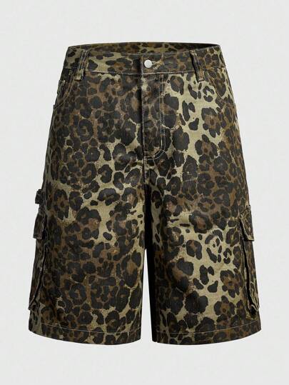 Street Life Herren Cargo Tasche Leopard Muster Lose Lässig Jeans Shorts