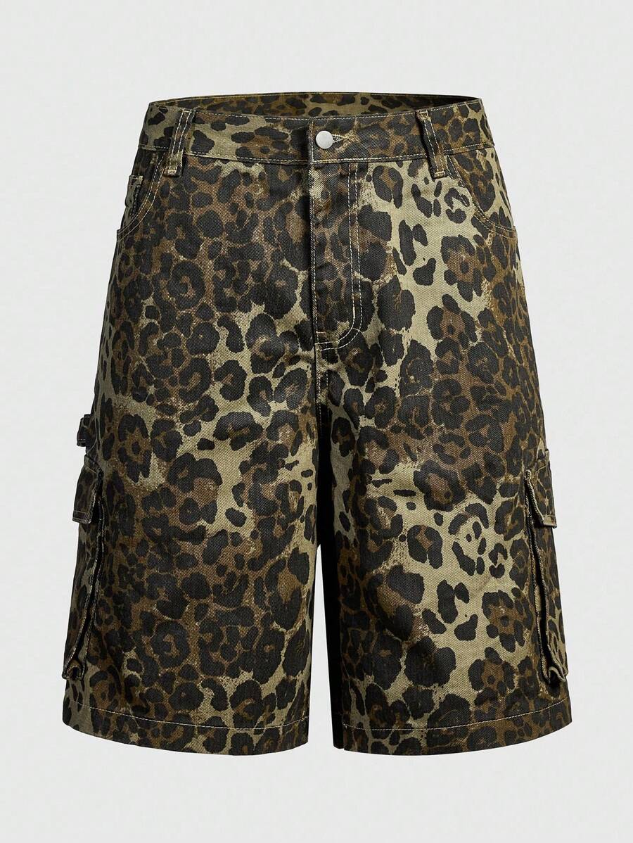 ROMWE MEN Shorts vaqueros casuales holgados con bolsillo tipo cargo y estampado de leopardo para hombre