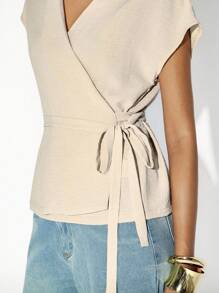 Lumivelle Damen Sommer Casual Chiffon Crossover Krawatte Schulter Kurzarm Shirt Wrap Tops Für Frauen Vorne Krawatte Top