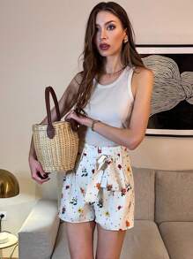 Chiquease Women Loose Casual Pleated Tie-Up Floral & Polka Dot Print Shorts - Khaki - View 3