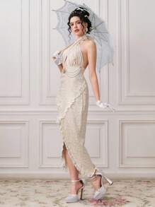 ROMWE EDITION Váy dài đuôi cá trang trí ngọc trai bằng vải jacquard cổ điển, phong cách cung điện - Màu be - Xem 2
