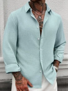 Manfinity Homme Áo sơ mi vải lanh dài tay đơn giản, cài nút phía trước, màu trơn, dành cho mùa thu - Màu xanh Bạc hà - Xem 7