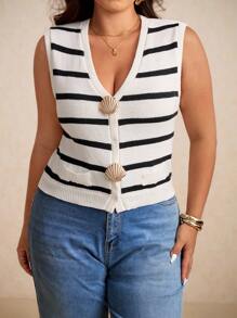 SHEIN Elaquor Plus Size Summer Casual Minimalist Plus Size Metal Buckle Decor Striped Knit Vest, Versatile For Commute & Fashion Autumn Winter Clothes For Women - Black and White - View 5