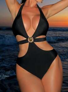 Swim SXY Maillot de bain une pièce noir orné de coquillages métalliques sexy, tenue de plage pour femmes - Noir - Voir 7