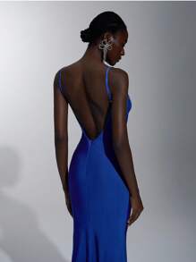 Elitara Elegante, romântico, sexy, azul-marinho, malha elástica, sem alças, babados, decote drapeado, cintura marcada, fivela de metal plissada, cauda removível, cauda de peixe, fenda frontal, vestido de noite para feriados, festas de aniversário, encontros, férias, casamentos, galas, jantares formais - Azul Real - Ver 6