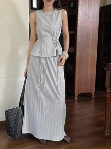 DAZY 2 pièces/Set Femmes Ensemble Jupe Taille Haute Sans Manches Col Rond Ensembles de Détente pour Femmes Ensembles Courts pour Femmes - Gris - Voir 4