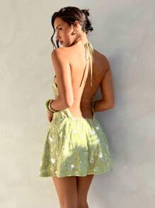Aloruh Rochie mini verde cu imprimeu A, model halter, sexy, cu umeri goi și talie legată, potrivită pentru vacanța de primăvară/vară - Verde - Vizualizare 1