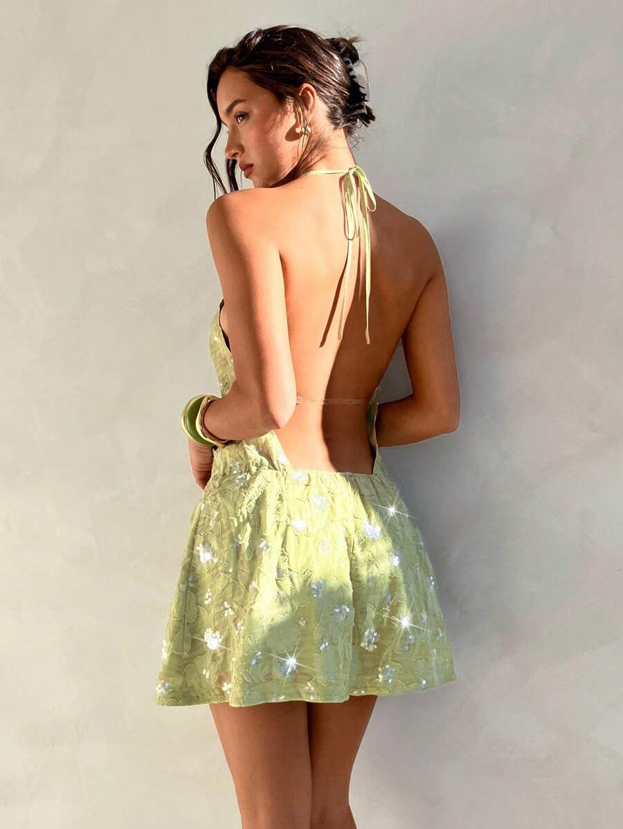Aloruh Rochie mini verde cu imprimeu A, model halter, sexy, cu umeri goi și talie legată, potrivită pentru vacanța de primăvară/vară - Verde - Vizualizare 1