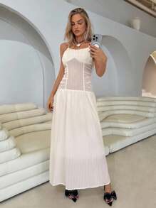 Roylia Woven Jacquard Fabric, Crinkled Texture, Plaid Pattern, Solid Color, Form-Fitting, Spaghetti Strap, Chest Ruching, Waist Gathering, Pleated, Open Back, Super Flare A-Line Silhouette, Occasions: Festive, Vacation, Party, Elegant, Sexy, Luxurious, Romantic, Casual, Spring/Summer Women Maxi Dress - Apricot - View 6