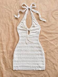 Soleia 女式荷叶边露背镂空挂脖迷你连衣裙，性感派对、婚礼、约会、下午茶、街头城市度假、音乐节、海滩、夏季服装、波西米亚度假 - 米色 - 查看 2