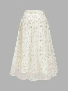 SHEIN MOD 大码女式薄纱刺绣高腰浪漫长裙 - 杏色 - 查看 3