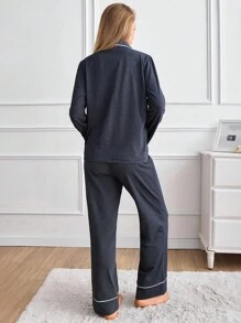 EURMUSE PLUS Women 2 Pcs Button Front With Contrast Colour Binding Detail Homewear Pajama Set - Navy Blue - View 2
