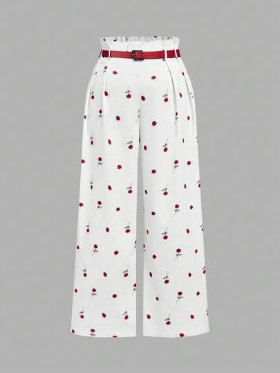SHEIN MOD Plus Size Women Rose Flower Print High-Waisted Belted Pants,Comes With A Red Belt, Red Floral Print, And Holiday Casual Straight Trousers