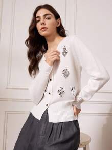 Briarwyn Áo khoác cardigan dáng rộng cổ chữ V tay dài cài khuy đơn đính sequin cho nữ, trang phục mùa thu, trang phục trở lại trường, phong cách quý tộc cổ điển dành cho phụ nữ, trang phục giáo viên dành cho nữ. toàn màu trắng, áo khoác cardigan kín đáo - trắng - Xem 3