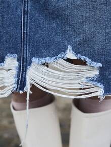 COUREZ 破洞牛仔中长裙/女士夏季穿搭 可爱夏季下装 Y2K街头风夏季破洞裙 - 深色水洗藍 - 查看 6