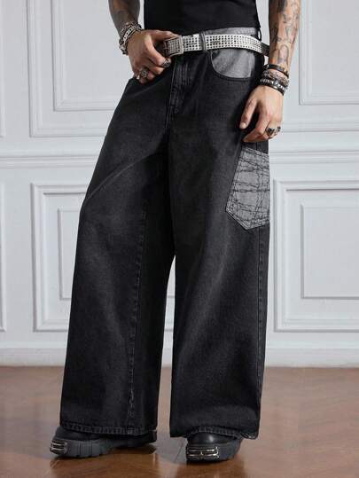 Street Life Jeans casuales sueltos de pierna acampanada con bolsillo para hombres, versátil