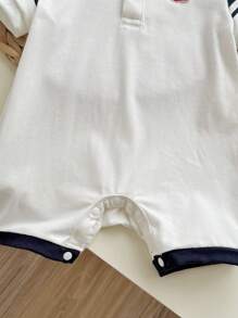 Baby Bear Color Block Polo Collar Short Sleeve Romper With Shorts