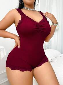 DUSKBASE Plus Size Women Wine Red Solid Color Lace Trim Ruffle Decor Knit Jumpsuit Sleepwear Lace Bodysuit - Burgundy - View 4