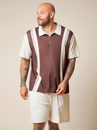 EASEVO Plus Size Men's Casual Knit Short Sleeve Polo Shirt & Shorts 2-Piece Set, Suitable For Summer