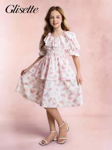 Tween Girls Casual Elegant White Ditsy Floral Ruffled Hem Camisole Dress - Pink - View 9