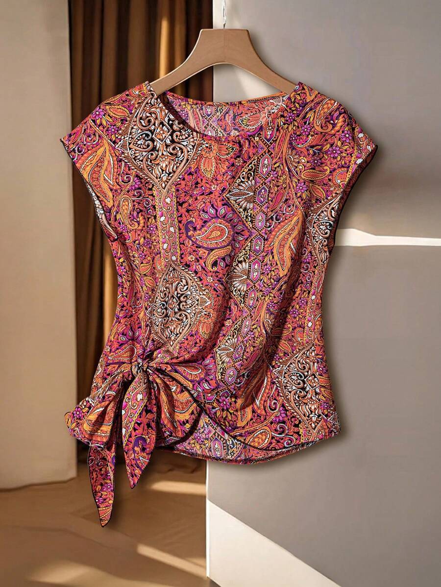 Franclia 休闲度假圆领无袖蝴蝶结下摆开衩女式衬衫，适合春夏季 - 彩色 - 查看 1