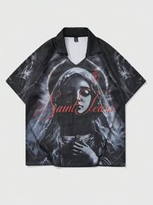 ROMWE MEN Street Life Camisa polo de manga corta con diseño vintage americano de Nuestra Señora, estilo callejero para hombres - Negro - Ver 3
