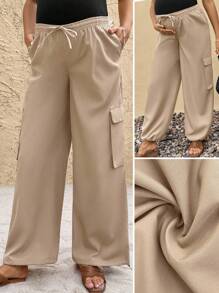 SHEIN Pantalones cargo de unicolor versátiles y casuales para maternidad - Caqui - Ver 1