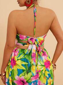 Travachic 大码波西米亚热带印花露背 V 领挂脖开叉连衣裙，度假装