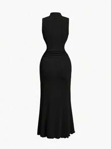 SHEIN MOD Vestido extra largo para mujer con cuello mao y abertura alta - Negro - Ver 2