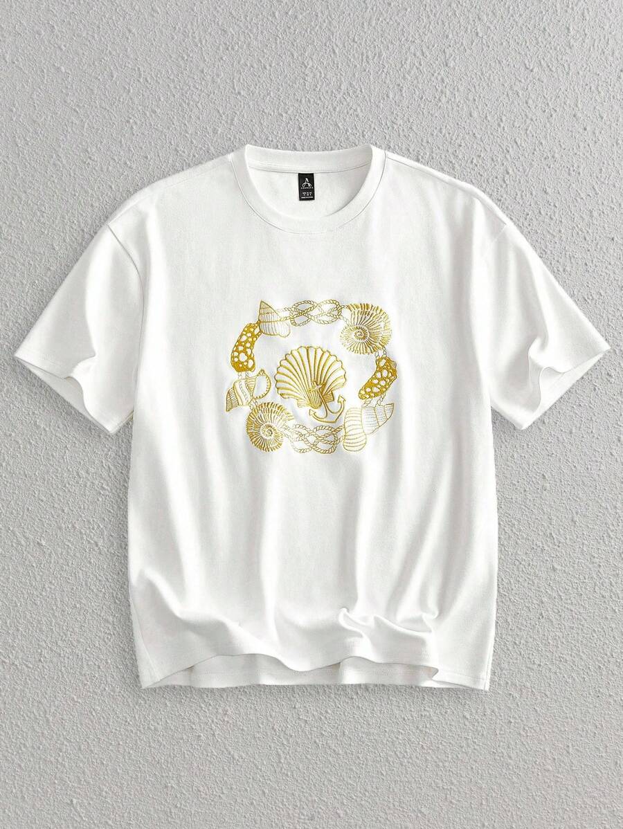 Manfinity BRENVOR 男士白色休闲宽松亮片刺绣圆领T恤 - 白色 - 查看 1