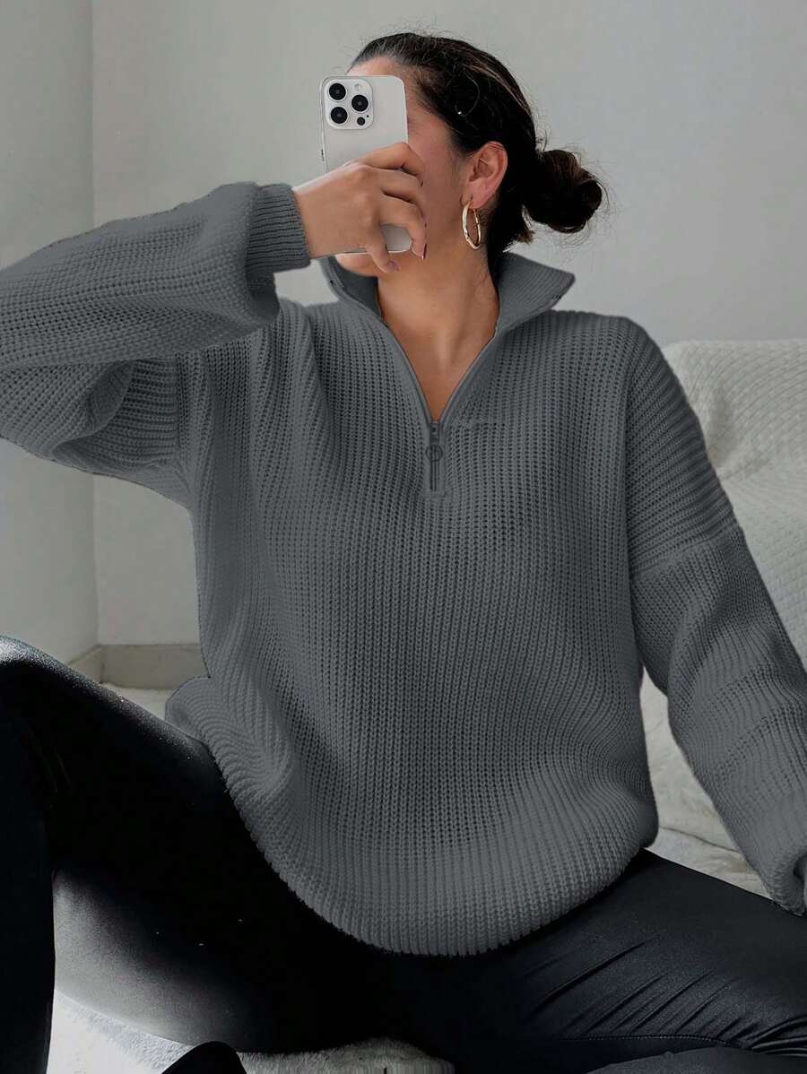 EURMUSE Plus Size Women's Solid Color Zipper Placket Long Sleeve Casual Loose Sweater - Dark Grey - View 1
