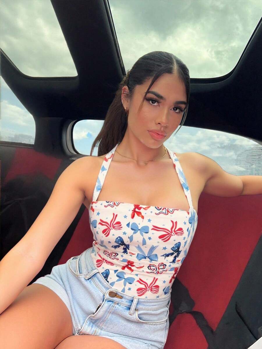 SHEIN SXY Summer Flag Style Halter Neck Bowknot Women Tank Top - Multicolor - View 1