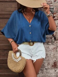 SHEIN LUNE Plus Size Drop Shoulder Loose Open Front Button Down Long Sleeve Casual Everyday Shirt