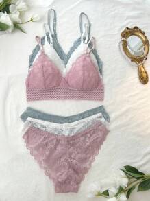 SHEIN 3套花邊蕾絲文胸和內褲套裝 - 彩色 - 查看 5