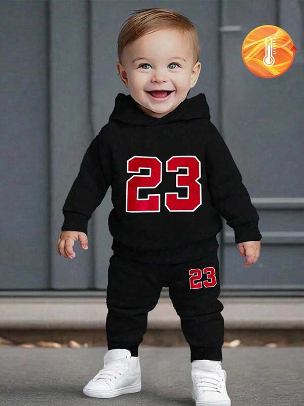 Baby Boy Digit Print Thermal Lined Hoodie & Sweatpants Casual Loose 2pcs Set, Autumn Winter