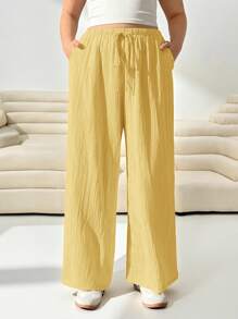 SHEIN EZwear Pantalones largos sueltos tejidos de color jengibre para mujeres de talla grande