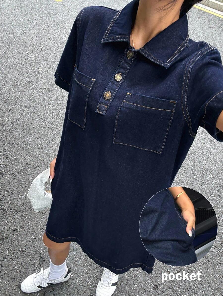 Muchica 女式休闲水洗牛仔短袖连衣裙 - 深色水洗藍 - 查看 1