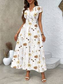 SHEIN Belle Đầm Maxi In Hoa Cho Nữ Cổ V Sâu Eo Xếp Ly Đi Nghỉ Mùa Hè - Màu Khaki - Xem 5