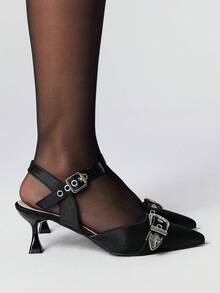 ROMWE Goth Eleganckie, modne, codzienne, damskie, czarne, spiczaste, szpilki na wysokim obcasie z metalową klamrą i kokardą, odpowiednie na imprezę, do noszenia na co dzień, na formalne okazje, do zwiększenia wzrostu i wydłużenia nóg, uniwersalne damskie buty na wysokim obcasie - Czarne - Zobacz 4