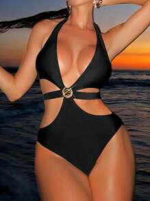 Swim SXY Maillot de bain une pièce noir orné de coquillages métalliques sexy, tenue de plage pour femmes - Noir - Voir 5