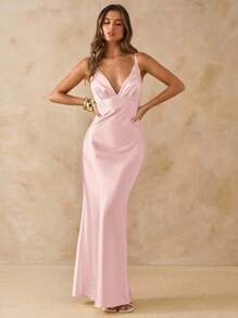 SHEIN BAE 女式无袖深V领露背缎面长裙，黄色，适合度假、派对、生日、早午餐、伴娘、婚礼嘉宾，优雅 - 珊瑚粉 - 查看 6