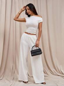SHEIN PETITE 2pcs Women Set: Oblique Shoulder T-Shirt & Casual Pants - White - View 10