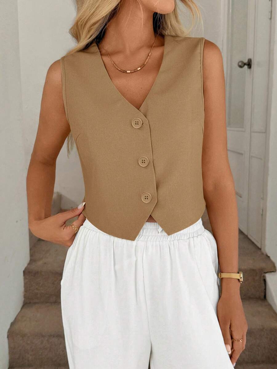 Easowa Áo Vest Màu Khaki Áo Khoác Mỏng Áo Công Sở Nữ - Màu be - Xem 1