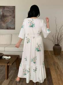 Modelyn Plus Size Women Floral Print V-Neck Short Sleeve Ruffle Hem Casual Dress - Multicolor - View 4