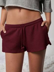 WESTFADE Cute Mid Rise Tie Front Textured Knit Lounge Shorts - Purple - View 4