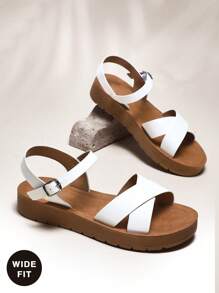 SHUZIA 宽版女式经典圆头可调节搭扣交叉带白色厚底凉鞋 - 记忆海绵，必备，防滑，舒适 - 白色 - 查看 1