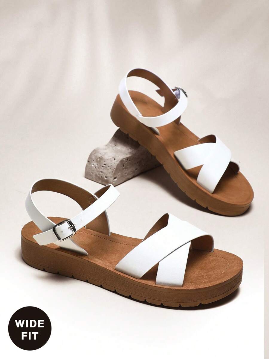 SHUZIA 宽版女式经典圆头可调节搭扣交叉带白色厚底凉鞋 - 记忆海绵，必备，防滑，舒适 - 白色 - 查看 1