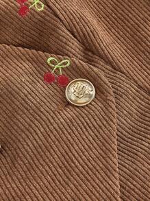 SHEIN MOD V领无袖收腰复古刺绣灯芯绒棕色夹克，女士背心，棕色背心，刺绣背心，棕色上衣女士，灯芯绒樱桃背心，无袖上衣，秋冬乡村音乐会 - 棕色 - 查看 3