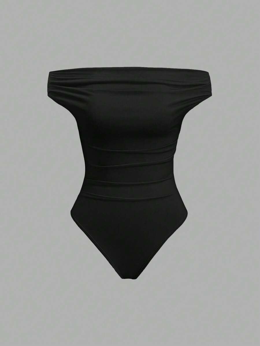 Sweetra 1pc Comfortable And Versatile Bodysuit With Off-Shoulder Neckline - Black - View 1