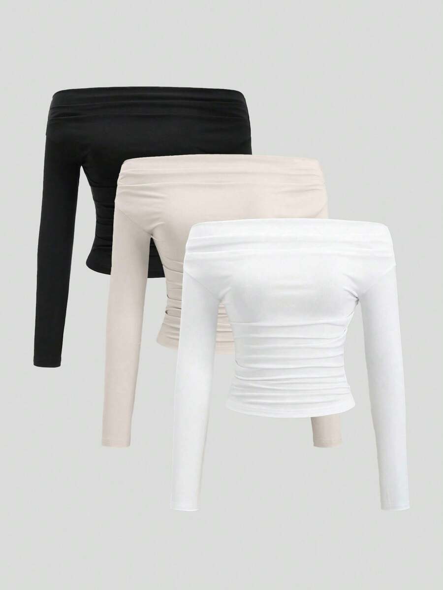 Sweetra 3 件套百搭单肩长袖短款上衣，修身显瘦，亲肤，百搭女士上衣套装 - 彩色 - 查看 1